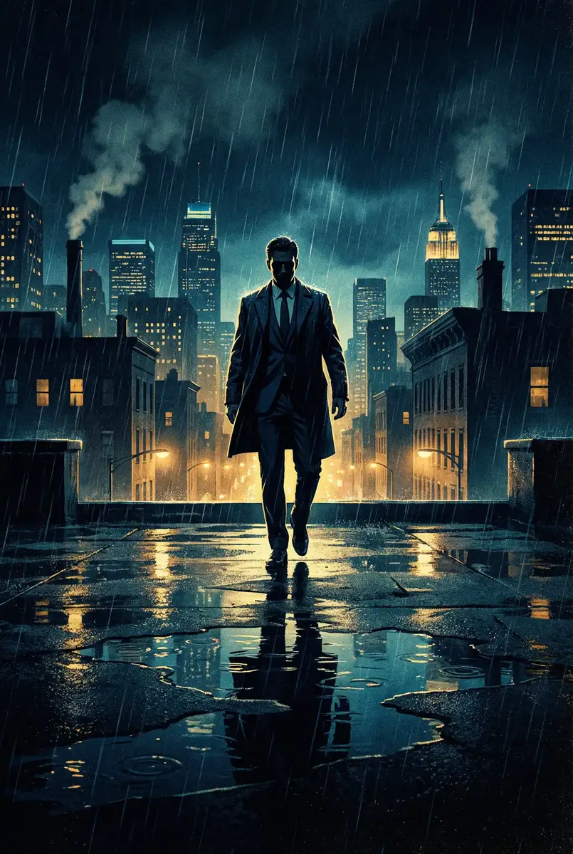 在线播放zljzljzljzlj 出品影片《雨夜独行者》海报，雨中城市屋顶男性剪影
